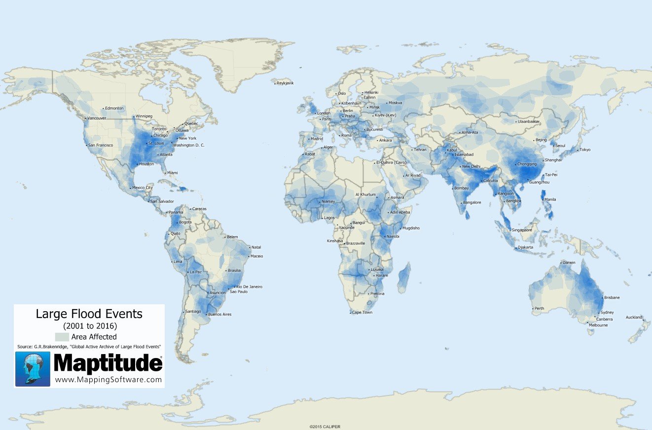 Maptitude map showing the world flooding events from 2001-2016
