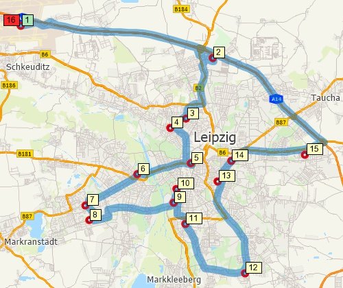Map of optimised route serving multiple stops created with Maptitude DACH map software